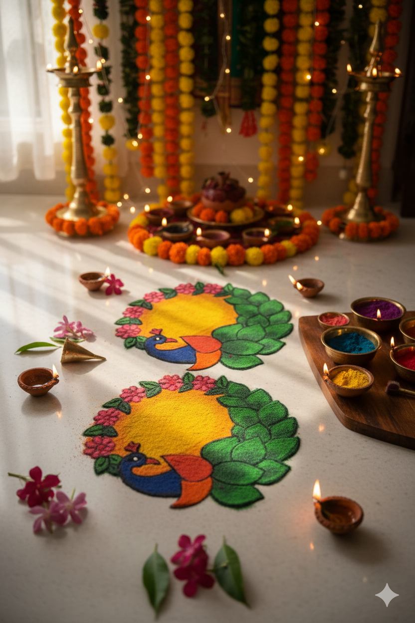 Hand-crafted peacock rangoli styled with brass diyas for a festive pooja setting