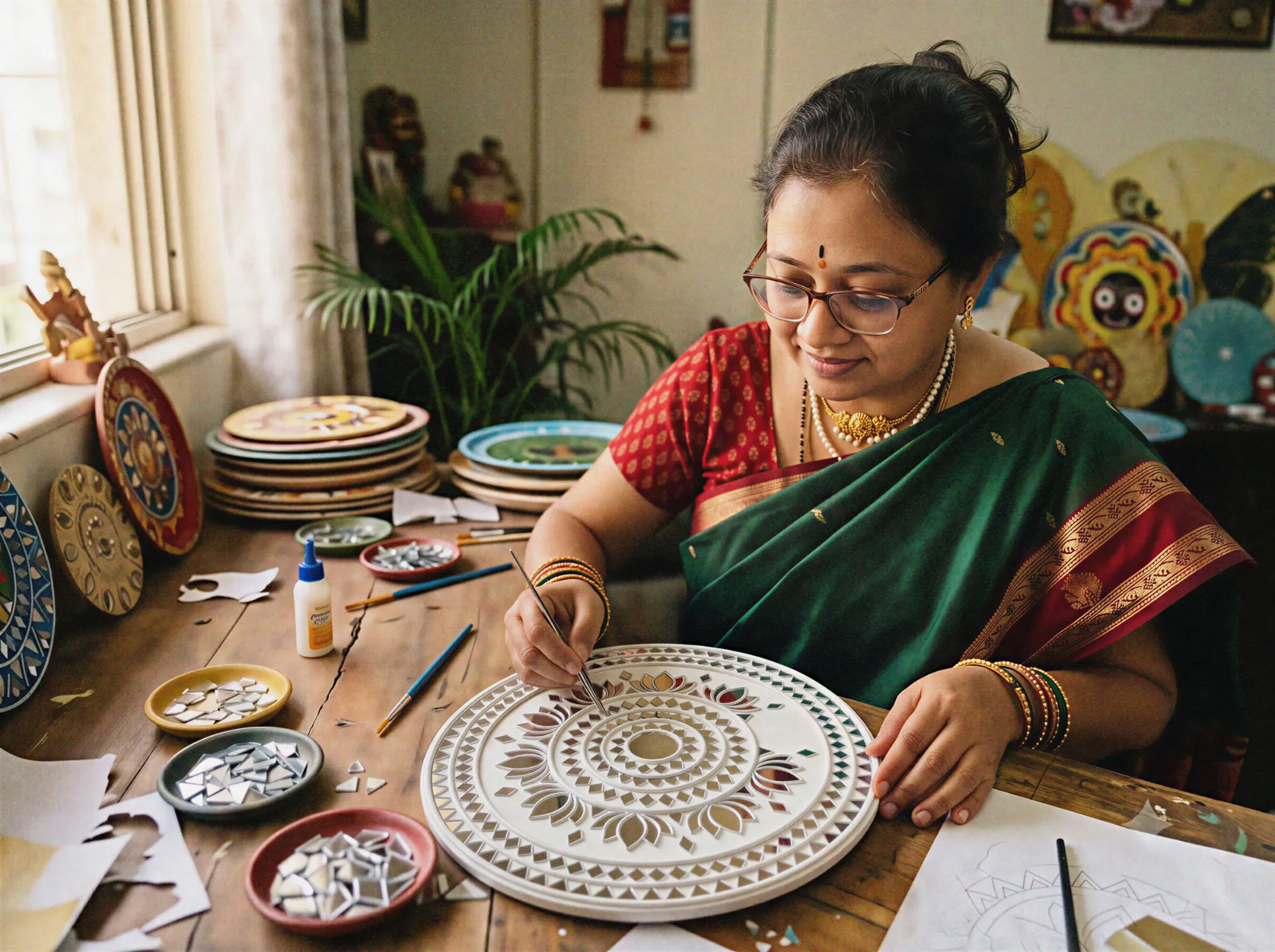 Chandrika S, Founder of Navakruti, crafting a mirror mandala
